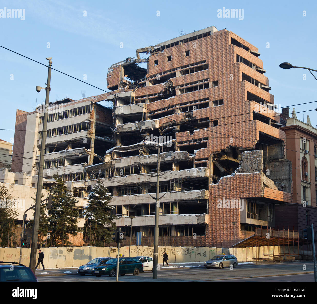 The building of the Serbian defence ministry destroyed in an NATO attack in 1999 is seen in Belgrade, Serbia, 28 January 2012. the NATO bombing caused substantial damage to the city. Among the sites bombed were the buildings of several ministries, the RTS building, which killed 16 technicians, several hospitals, the Hotel Jugoslavija, the Central Committee building, the Avala TV To Stock Photo