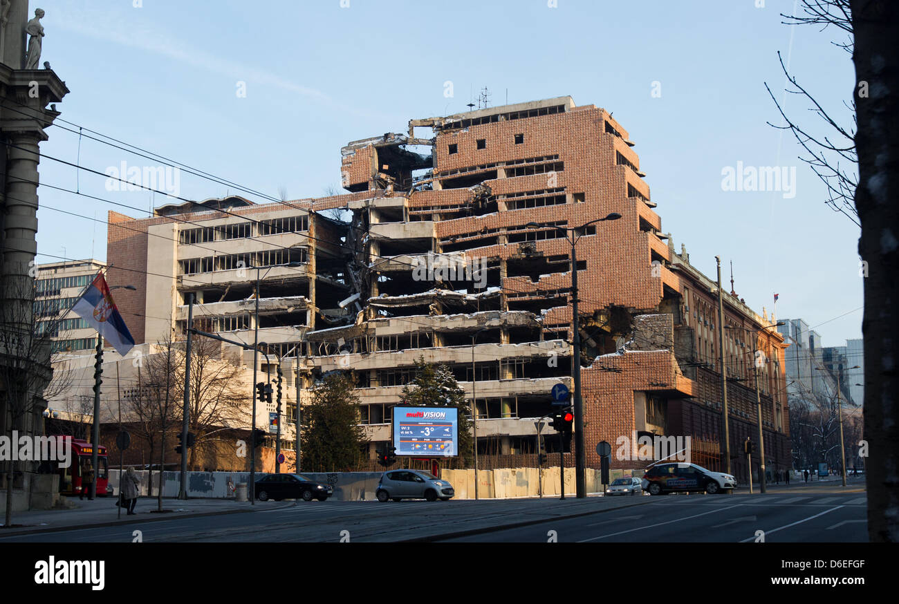The building of the Serbian defence ministry destroyed in an NATO attack in 1999 is seen in Belgrade, Serbia, 28 January 2012. the NATO bombing caused substantial damage to the city. Among the sites bombed were the buildings of several ministries, the RTS building, which killed 16 technicians, several hospitals, the Hotel Jugoslavija, the Central Committee building, the Avala TV To Stock Photo