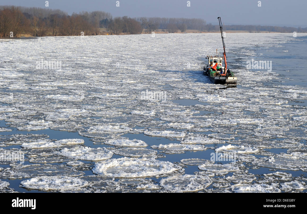 Staff members of the Waterways and Shipping Office salvage shipping tons on the Oder river covered with drift ice near Hohenwutzen, Germany, 31 January 2012. Ther western Oder and Oder at the boarder to Poland have already been closed for maritime transport. Photo: BERND SETTNIK Stock Photo