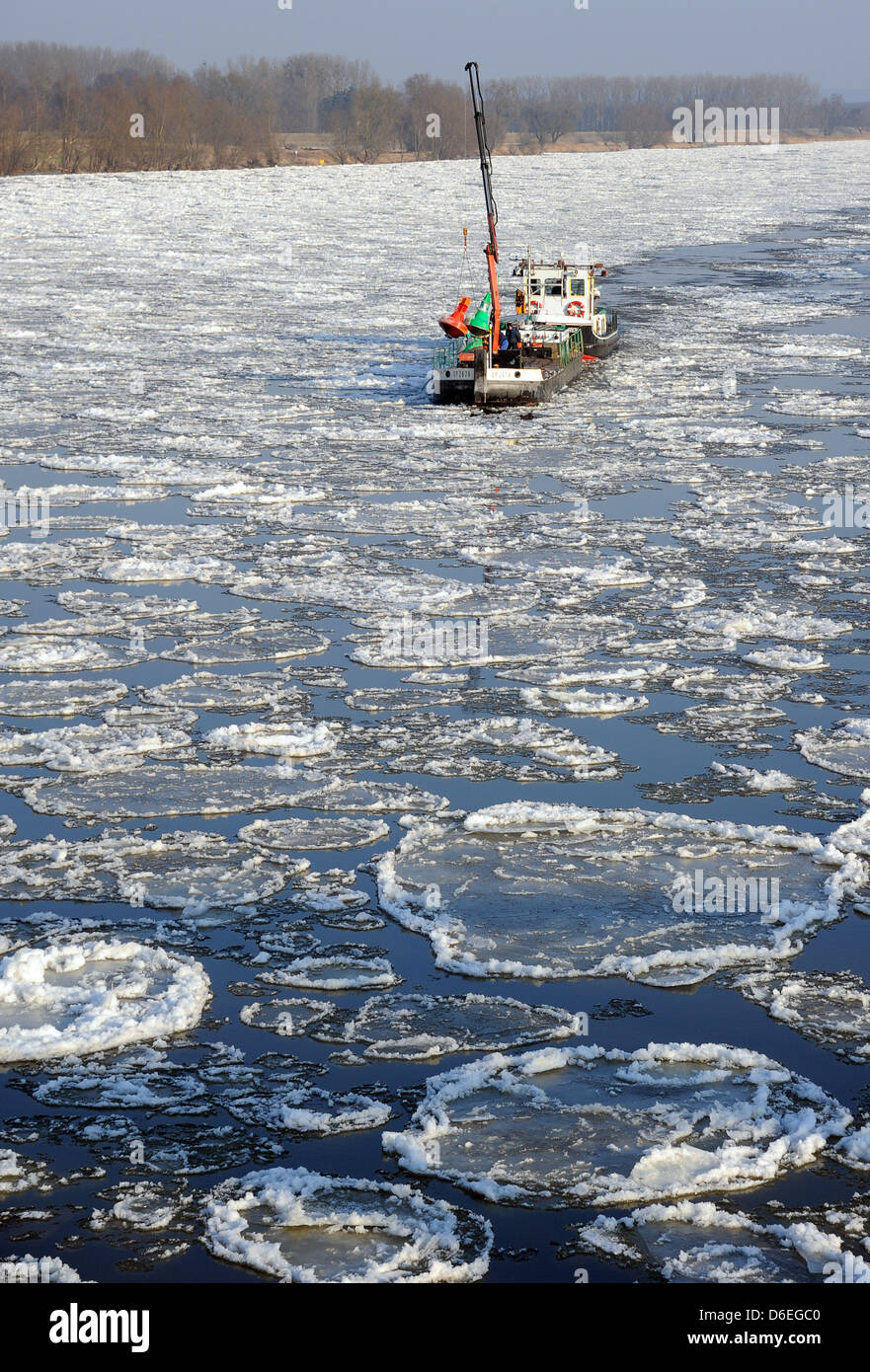 Staff members of the Waterways and Shipping Office salvage shipping tons on the Oder river covered with drift ice near Hohenwutzen, Germany, 31 January 2012. Ther western Oder and Oder at the boarder to Poland have already been closed for maritime transport. Photo: BERND SETTNIK Stock Photo