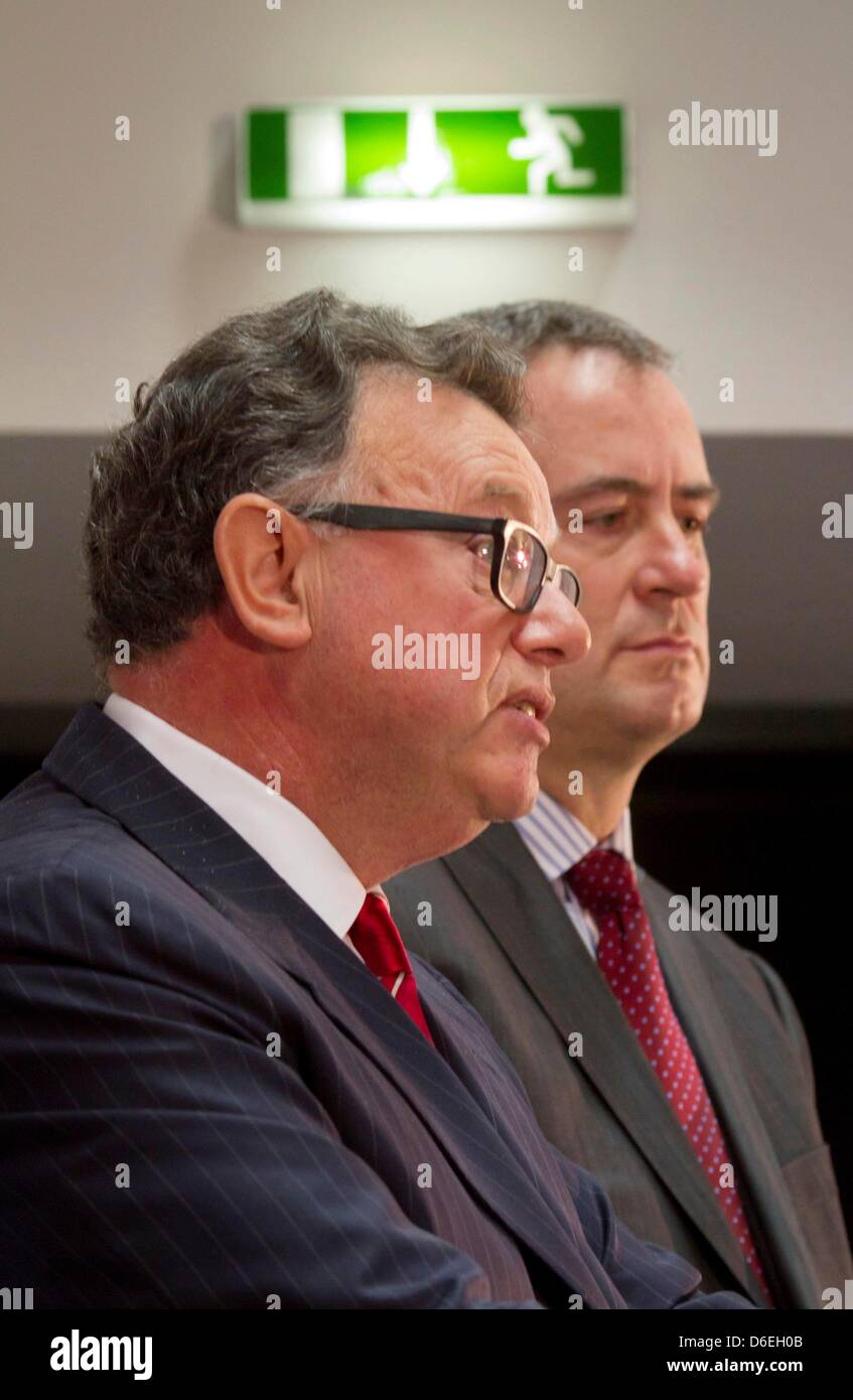 CEO of Deutsche Boerse AG Reto Francioni (L) stands next to CFO Gregor Pottmeyer while commenting on the rejection of the planned merger of his company with the New York NYSE Euronext by European competition authorities in Frankfurt Main, Germany, 01 February 2012. Almost exactly one year after the planned merger was announced the European commission denied its consent for the mega Stock Photo