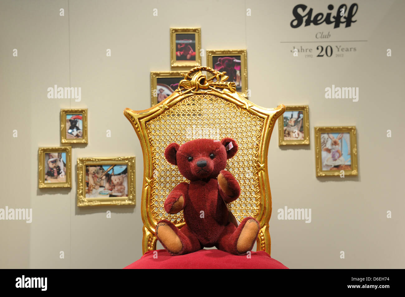 Teddy bear Louis, Steiff Club Edition 2012, sits in a golden chair at the  stand of the stuffed animal maker at the 63rd International Toy Fair in  Nuremberg, Germany, 01 February 2012.