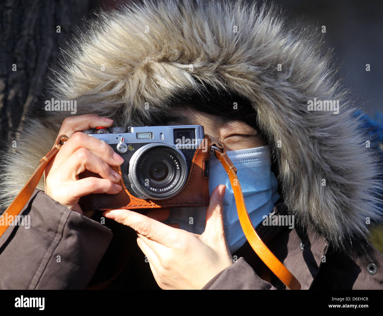 A woman takes a picture of German Chancellor Angela Merkel at the traditional district Hutong Nan Luo Gu Xiang in Beijing, China, 02 February 2012. The most important topics of Merkel's trip are the financial crisis in Europe, the oil embargo of the European Unon against Iran and ongoing violence in Syria. Merkel visits China until 04 February 2012. Photo: KAY NIETFELD Stock Photo