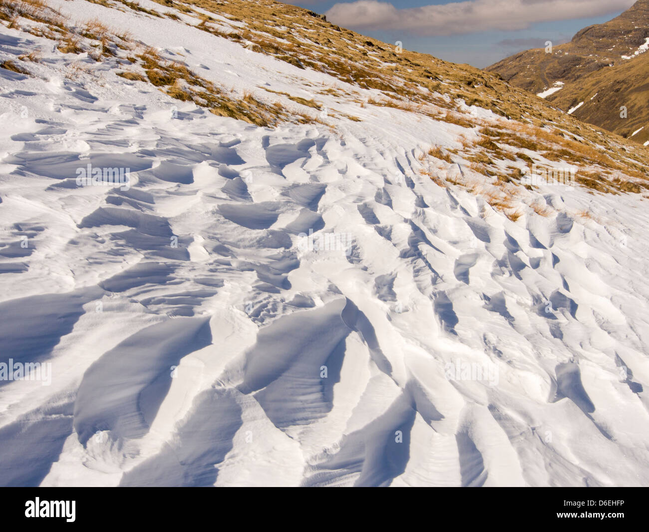 Sastrui caused by wind scour on snow, above Wrynose Pass in the Lake District, UK. Stock Photo