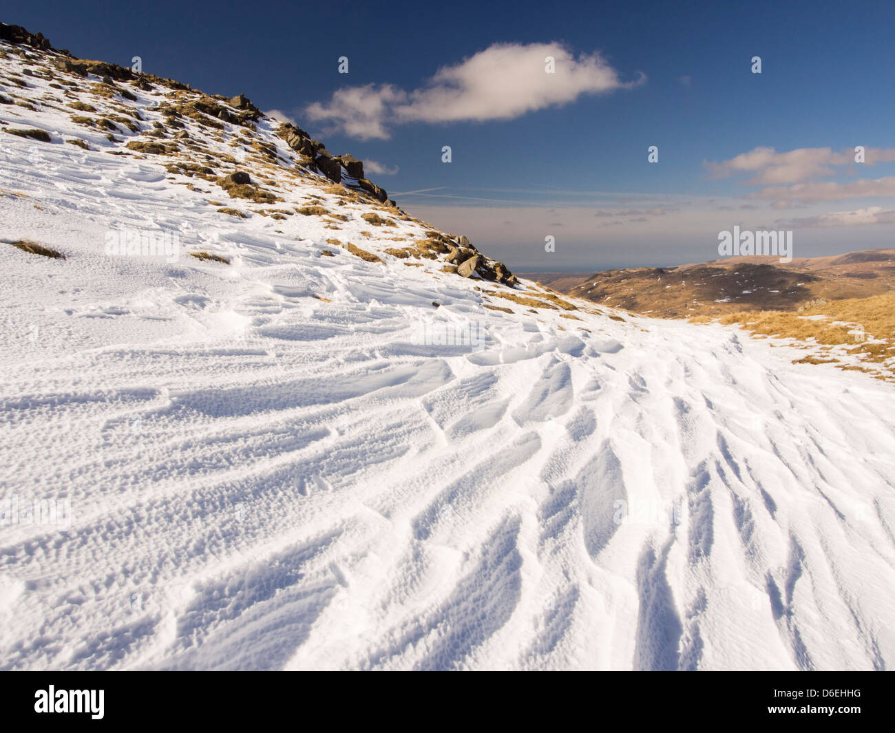 Sastrui caused by wind scour on snow, above Wrynose Pass in the Lake District, UK. Stock Photo