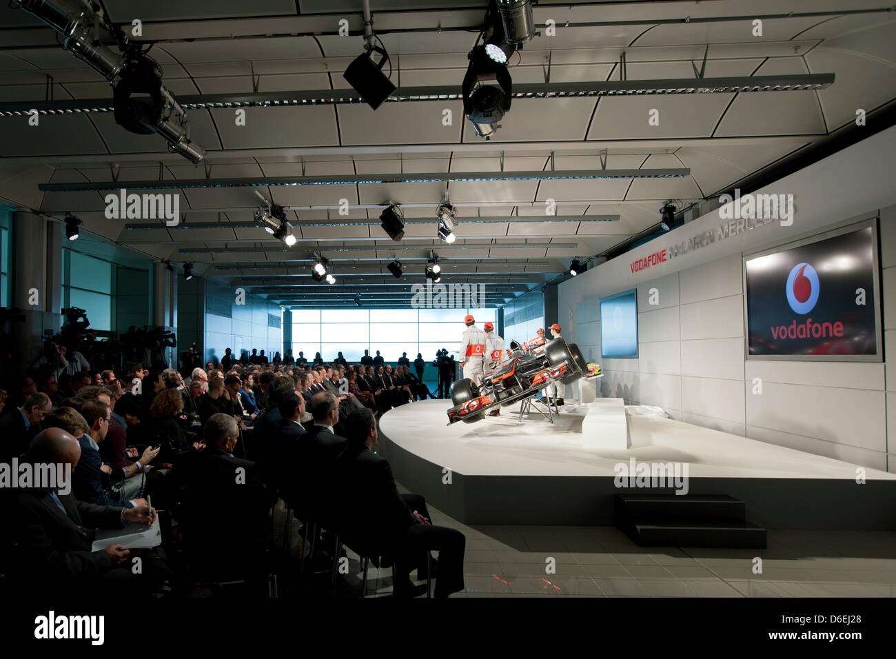 A handout picture dated 01 February 2012 shows the unveiling of the season 2013 McLaren Mercedes racing car MP4-27 at the company's headquarters in Woking, Great Britain. Photo: McLaren-Mercedes ( - ) Stock Photo