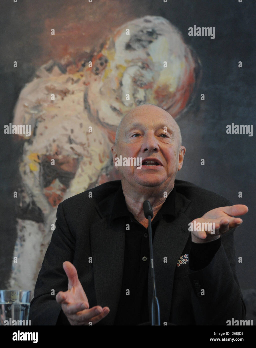 Painter Georg Baselitz speaks to journalists net to his work 'Große Nacht  im Eimer'(1962-1963) during a press conference at Villa Schoeningen in  Potsdam, Germany, 03 February 2012. 21 works of the private