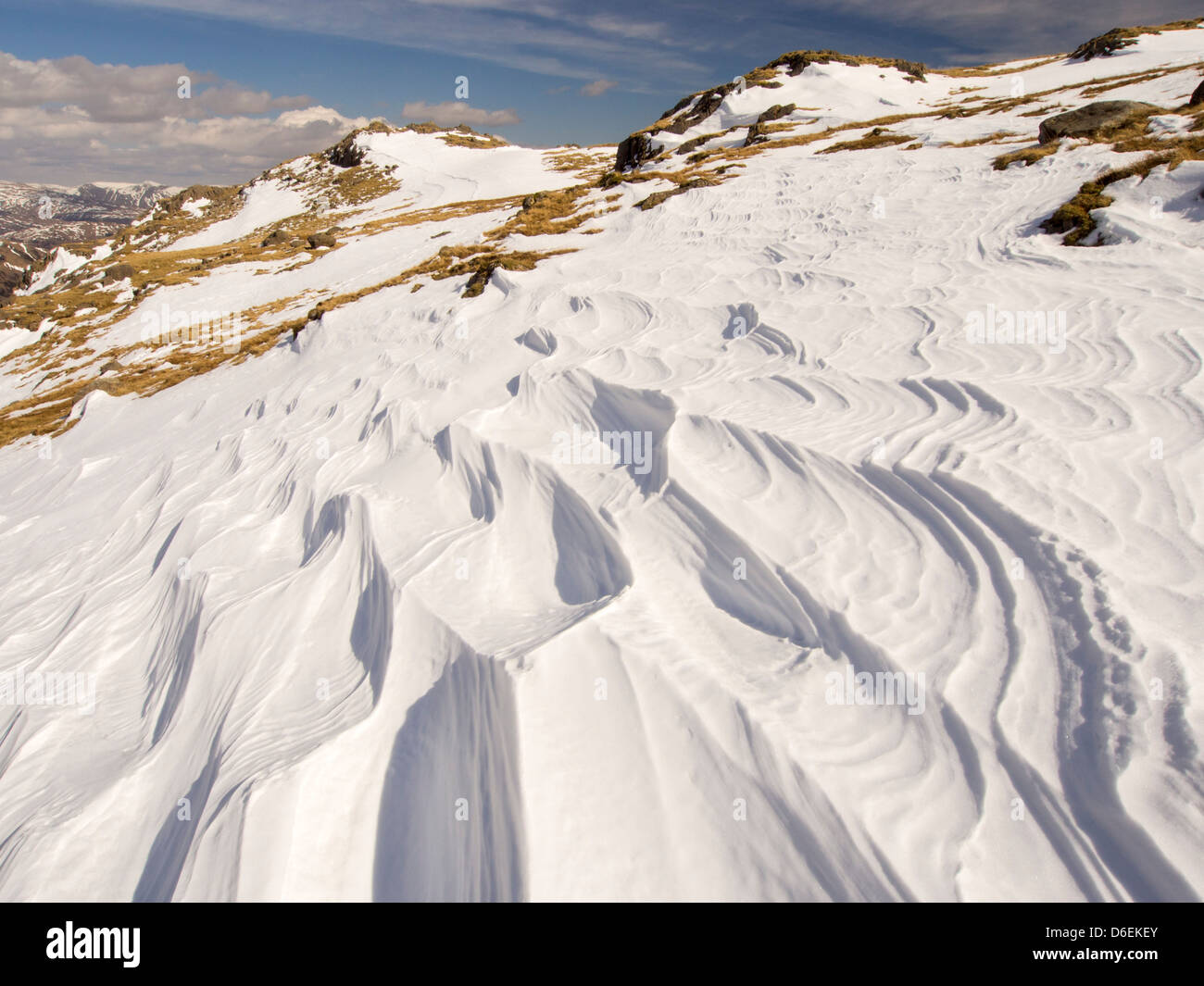 Sastrui caused by wind scour on snow, above Wrynose Pass in the Lake District, UK. Stock Photo