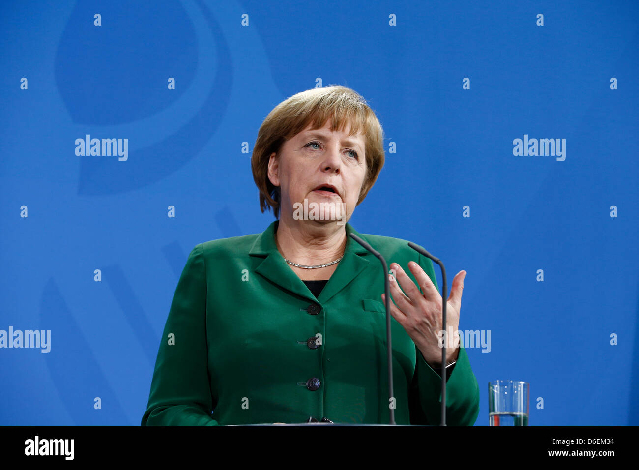 Germany, Berlin. 17th April, 2013. Prime Minister of Estonia, Andrus Ansip, is meeting Chancellor Angela Merkel to talk about the bilateral relations, the situation in the euro zone and the Eastern Partnership, as well as international issues at the Chancellery in Berlin. On picture: Angela Merkel (CDU), German Chancellor. Stock Photo