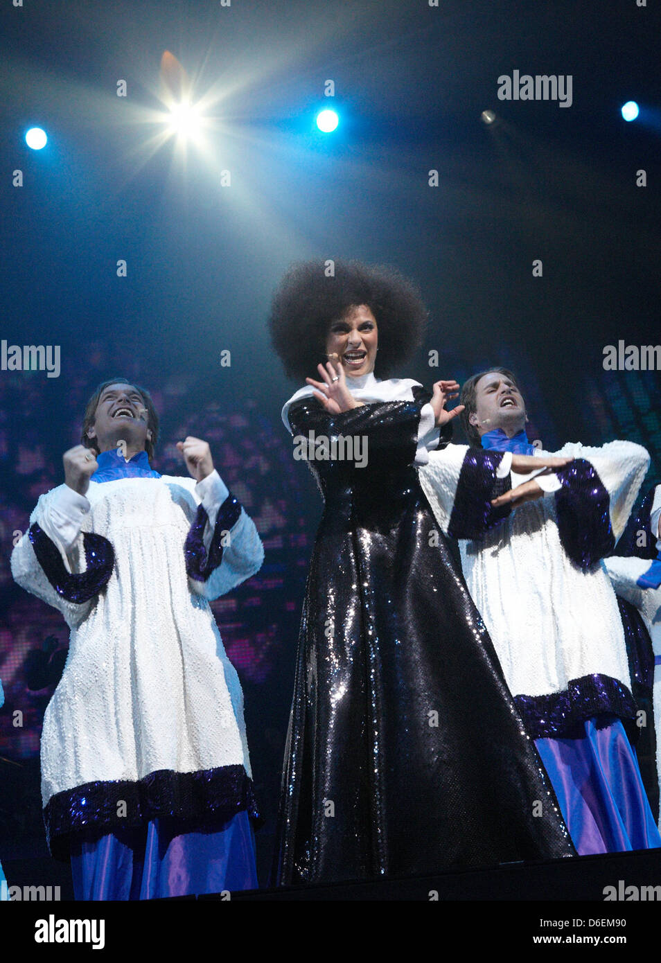 Musical singer Patricia Meeden (front) and ensemble perform 'Sister Act' during the 'Best of Musical Gala 2012' at the O2 World in Hamburg, Germany, 04 February 2012. After its premiere the show will tour twelve further cities in Germany presenting musical classics and latest hits. Photo: Georg Wendt Stock Photo