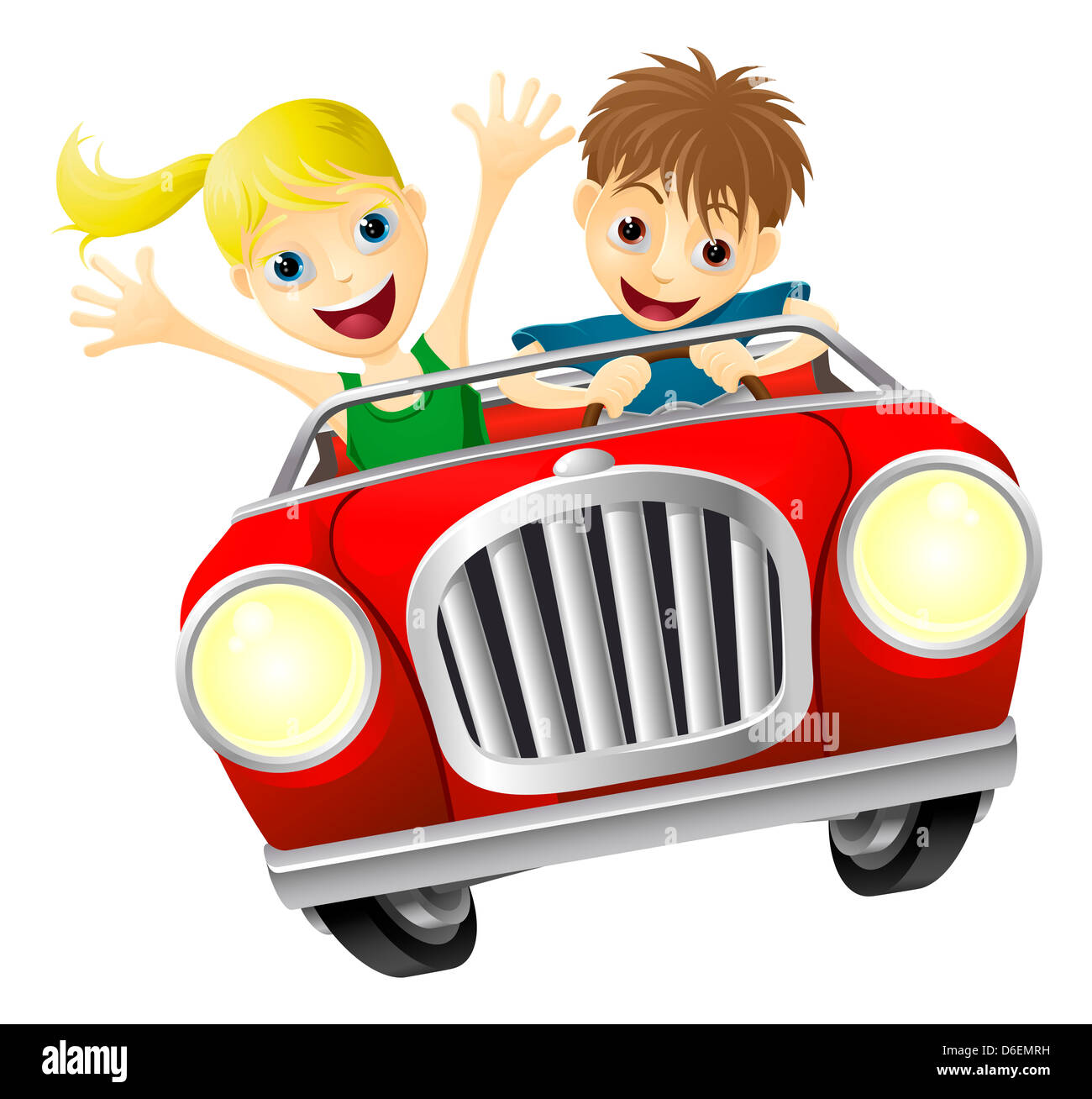 Cartoon young man and woman having fun driving a red convertible car Stock Photo