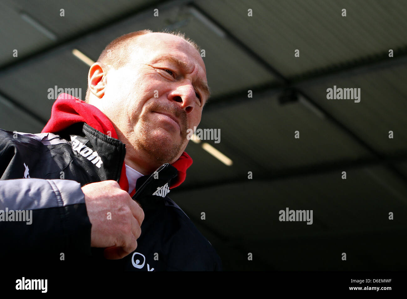 Rostock's head coach Wolfgang Wolf gives an interview prior to the German Bundesliga second devision match between VfL Bochum and Hansa Rostock at rewirpowerStadion in Bochum, Germany, 05 February 2012. Photo: Kevin Kurek Stock Photo