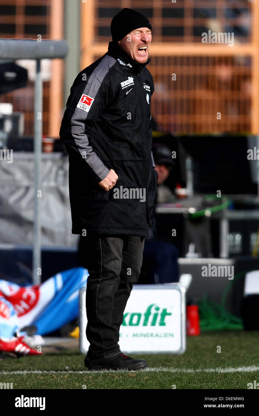 Rostock's head coach Wolfgang Wolf gives directions during the German Bundesliga second devision match between VfL Bochum and Hansa Rostock at rewirpowerStadion in Bochum, Germany, 05 February 2012. Photo: Kevin Kurek Stock Photo