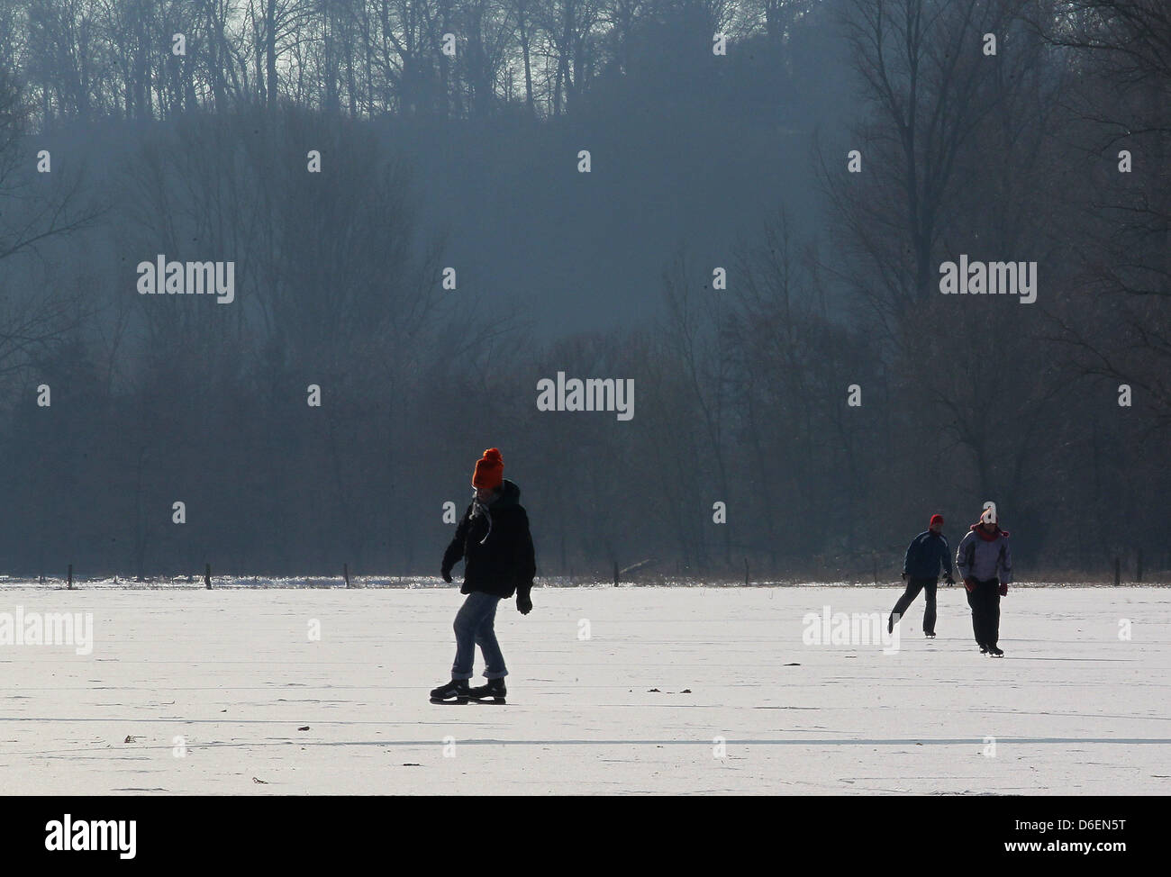 Schlittschuhfahrer gleiten am Montag (06.02.2012) auf dem zugefrorenen Altrhein bei Xanten über das Eis. Die starken Minustemperaturen in den letzten Tagen haben die Wasserlandschaft in eine Eisfläche verwandelt.  Foto: Roland Weihrauch dpa/lnw  zu KORR:' Stock Photo