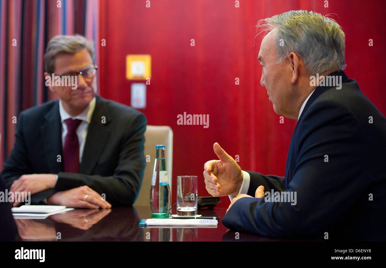German Foreign Minister Guido Westerwelle meets President of Kazakhstan Nursultan Nazarbayev (R) meet for talks in Berlin, Germany, 07 February 2012. Photo: HANNIBAL Stock Photo