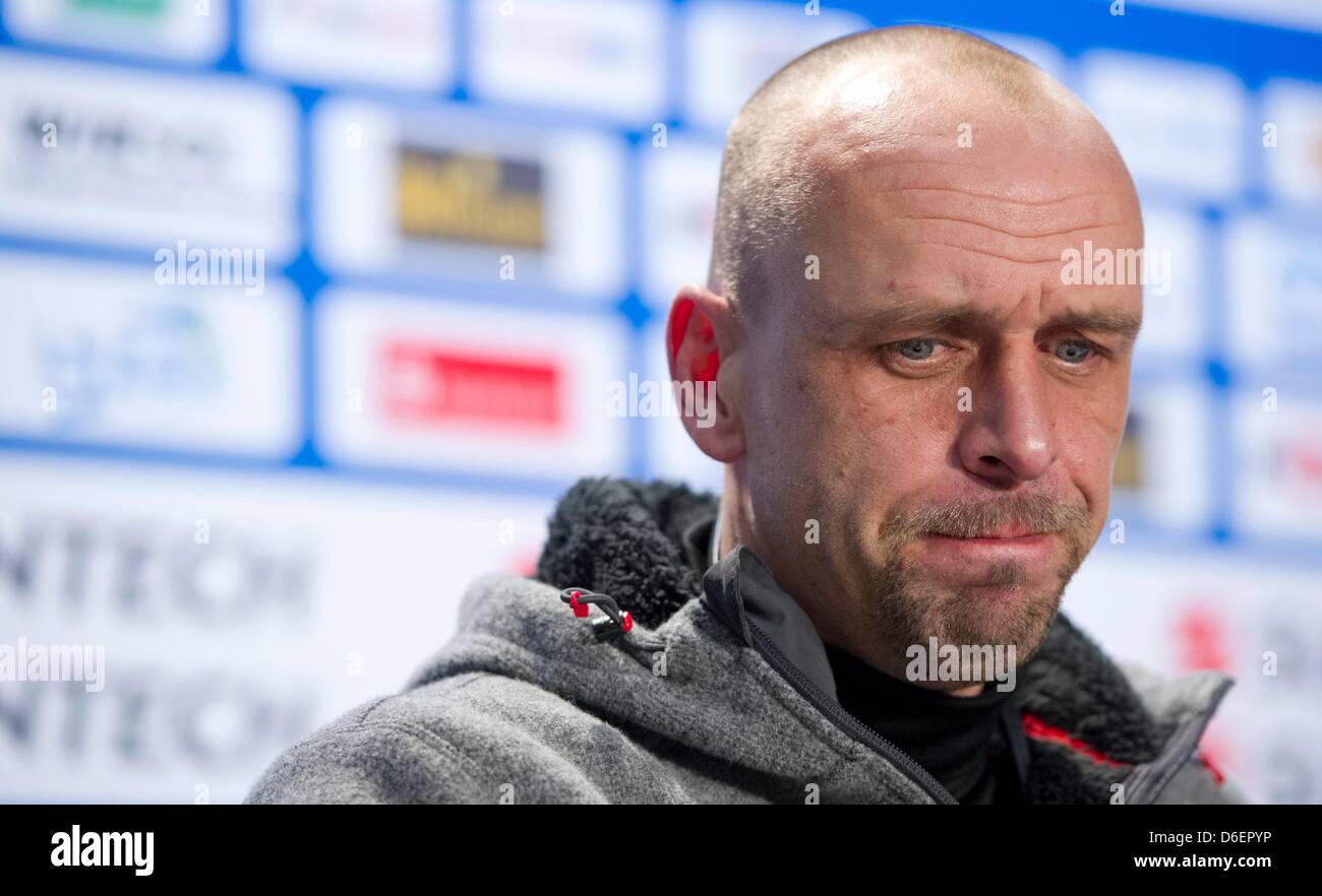 Hoffenheim's head coach Holger Stanislawski is pictured during a press conference  after the DFB Cup quarter-final match between 1899 Hoffenheim and Greuther Fuerth at Rhein-Neckar-Arena in Sinsheim, Germany, 08 February 2012. Photo: Uwe Anspach Stock Photo