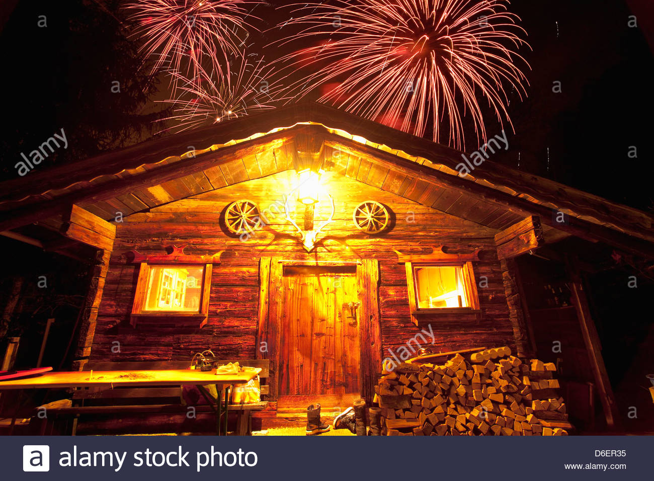 New Year Log Cabin Stumm Village Zillertal Tirol Austria Stock