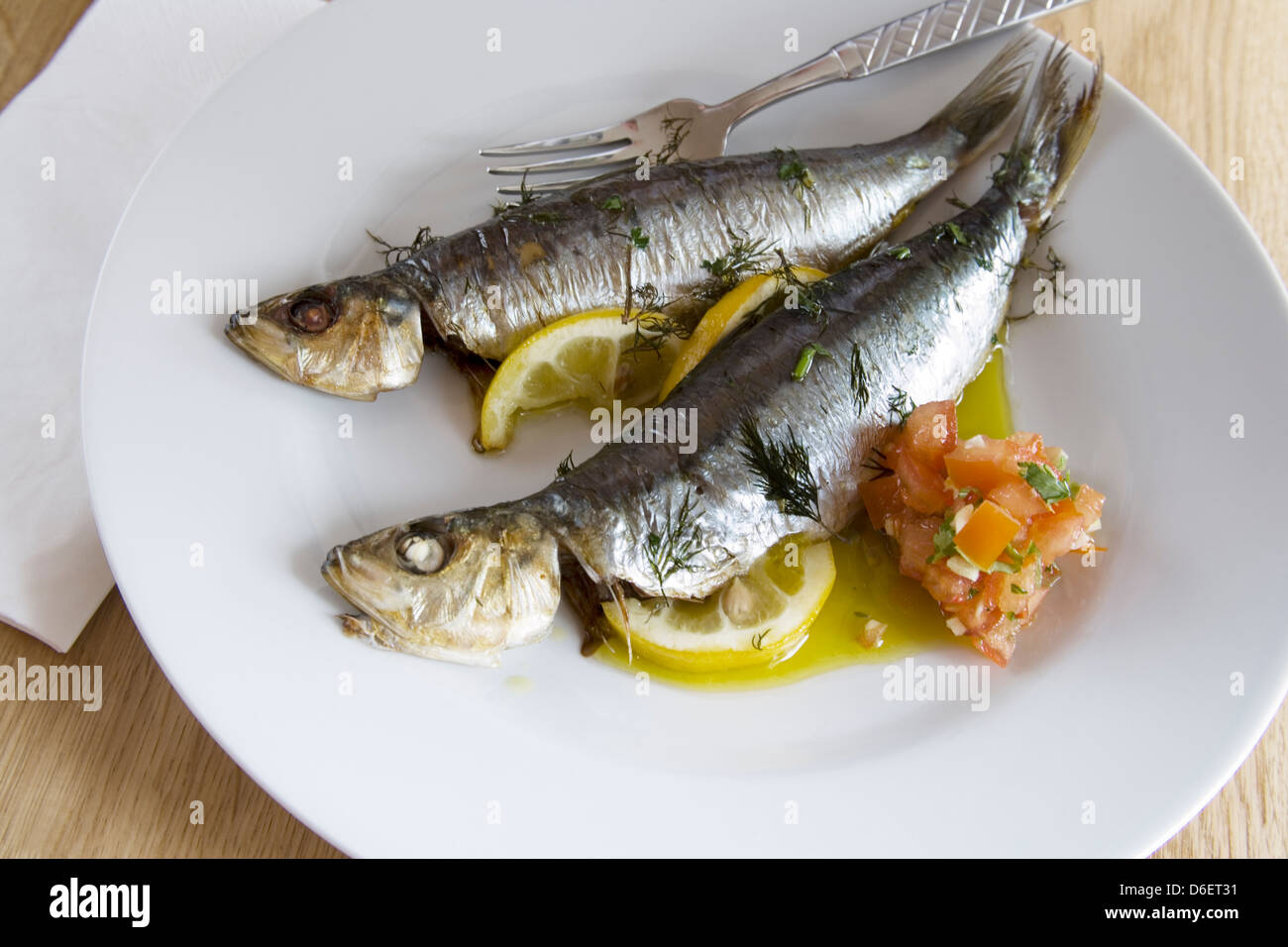 Plated cooked sardines with olive oil, lemons and tomato salsa Stock