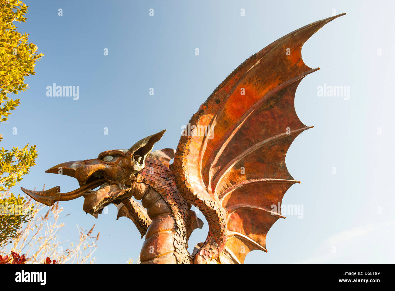 A Welsh dragon sculpture at Henlys Beaumaris on Anglesey, Wales, UK. Stock Photo