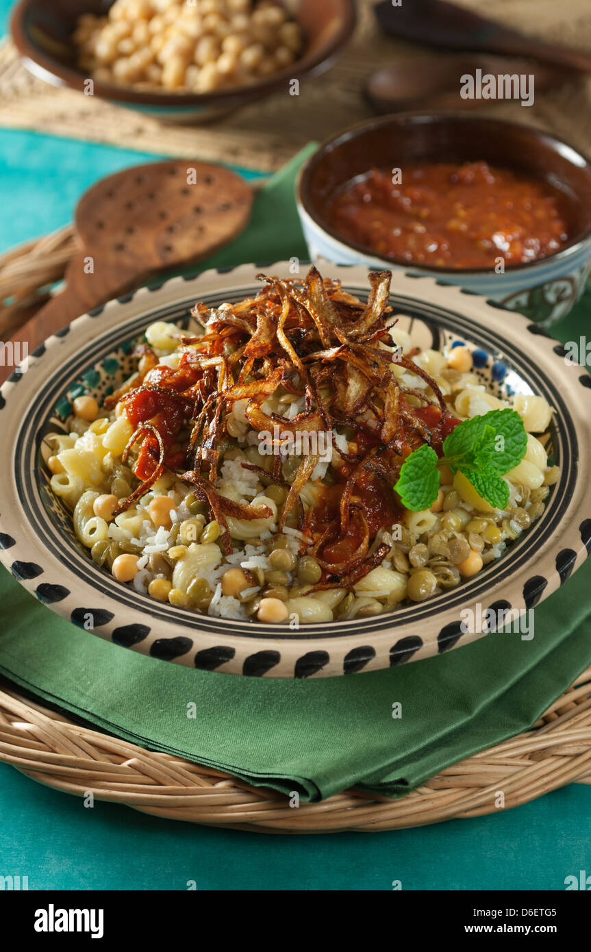 Kushari Pasta rice and lentil dish Egypt Food Stock Photo