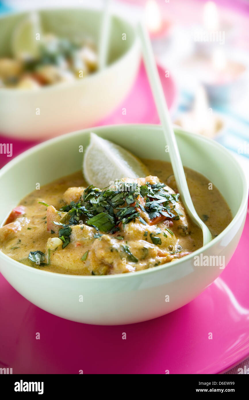 Thai Green Curry with Prawns, Scallop, Mussels and Fish fillets Stock