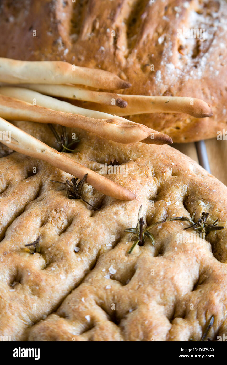 Focaccia, bread sticks and onion bread Stock Photo Alamy