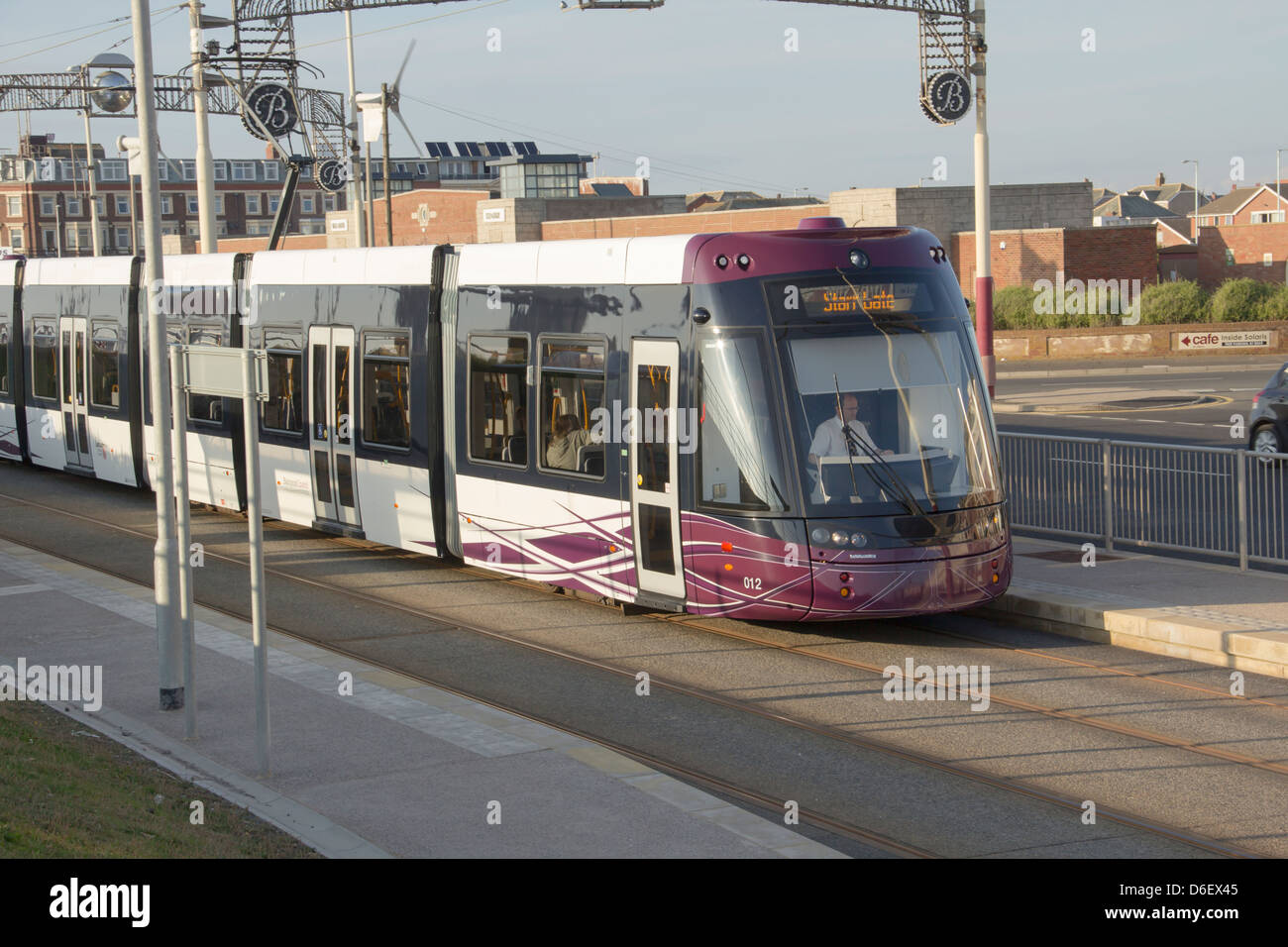 A new Bombardier-built Flexity 2  Blackpool tram passing the Solaris Centre on South Shore, heading for Starr Gate. Stock Photo