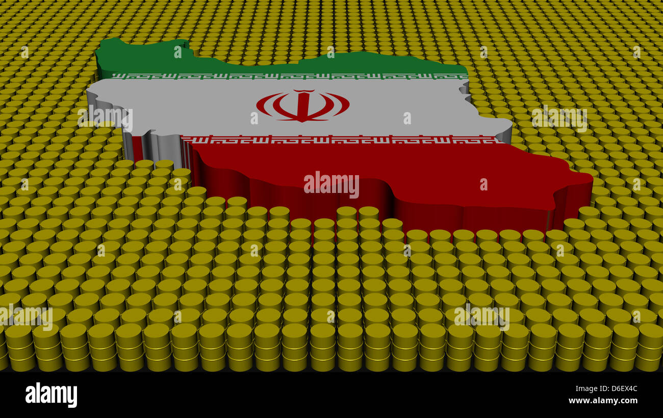 Iran map flag with oil barrels illustration Stock Photo