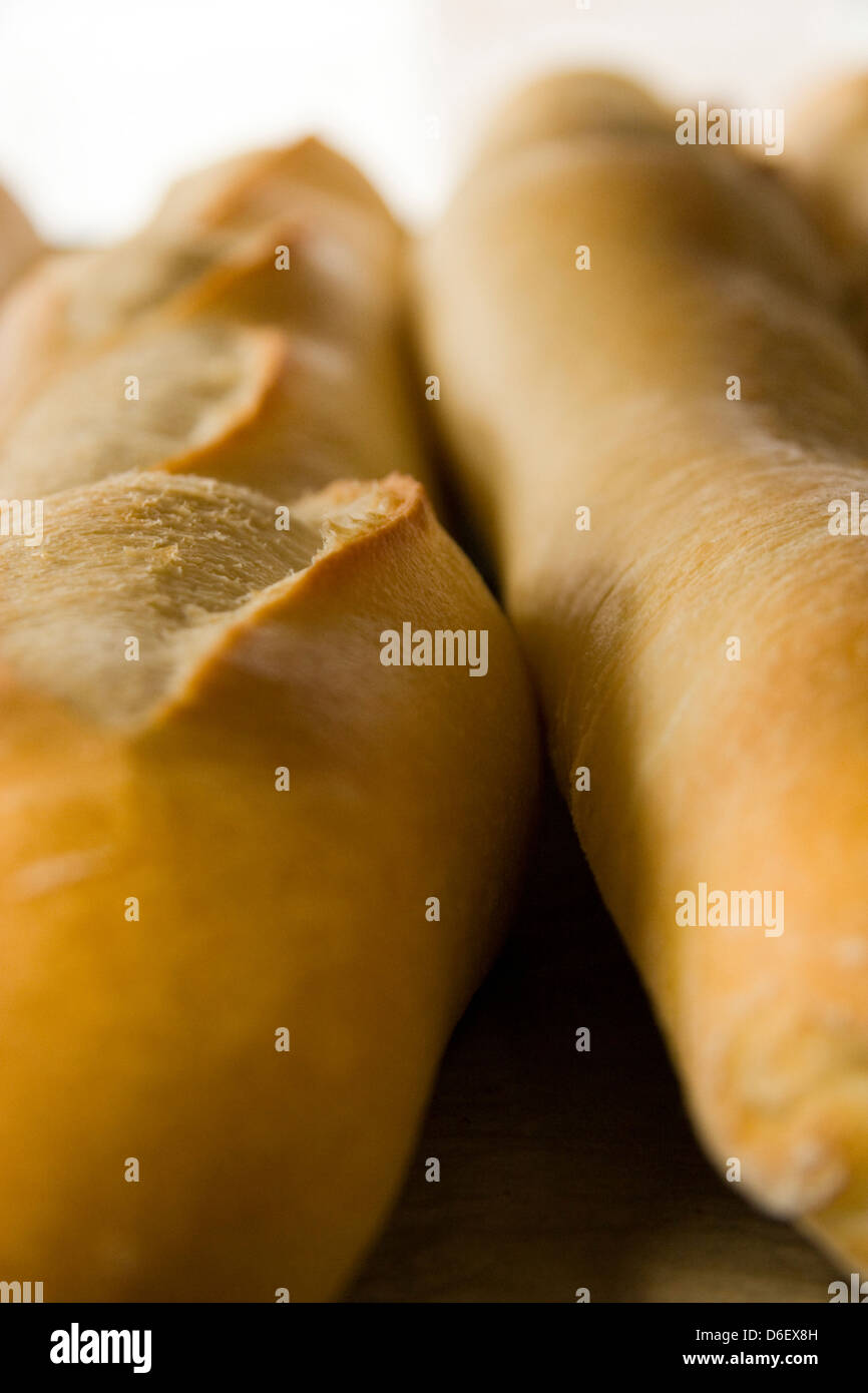 Close-up views of freshly baked baguettes from a French bakery Stock Photo