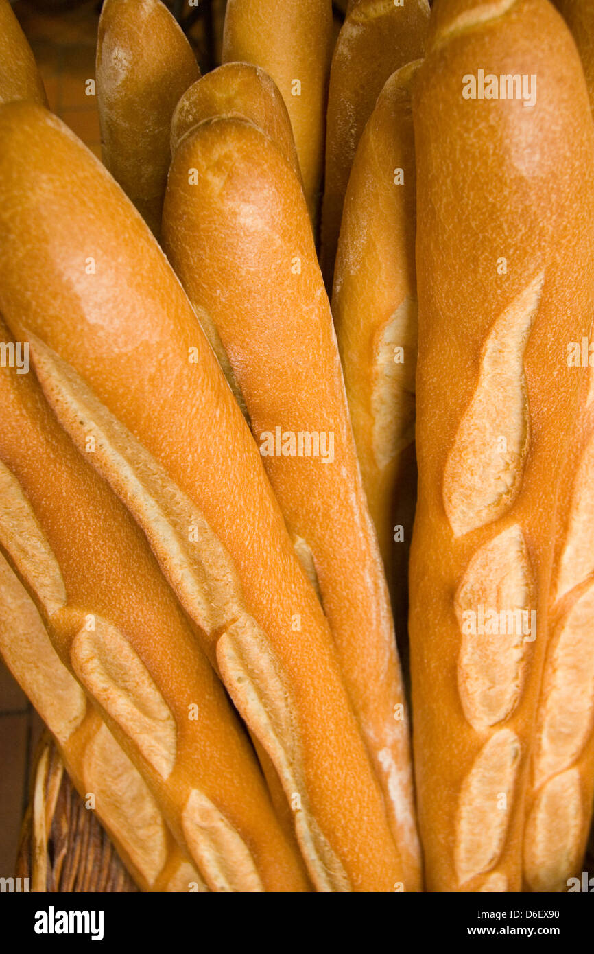 Selection of freshly baked baguettes from a French bakery Stock Photo