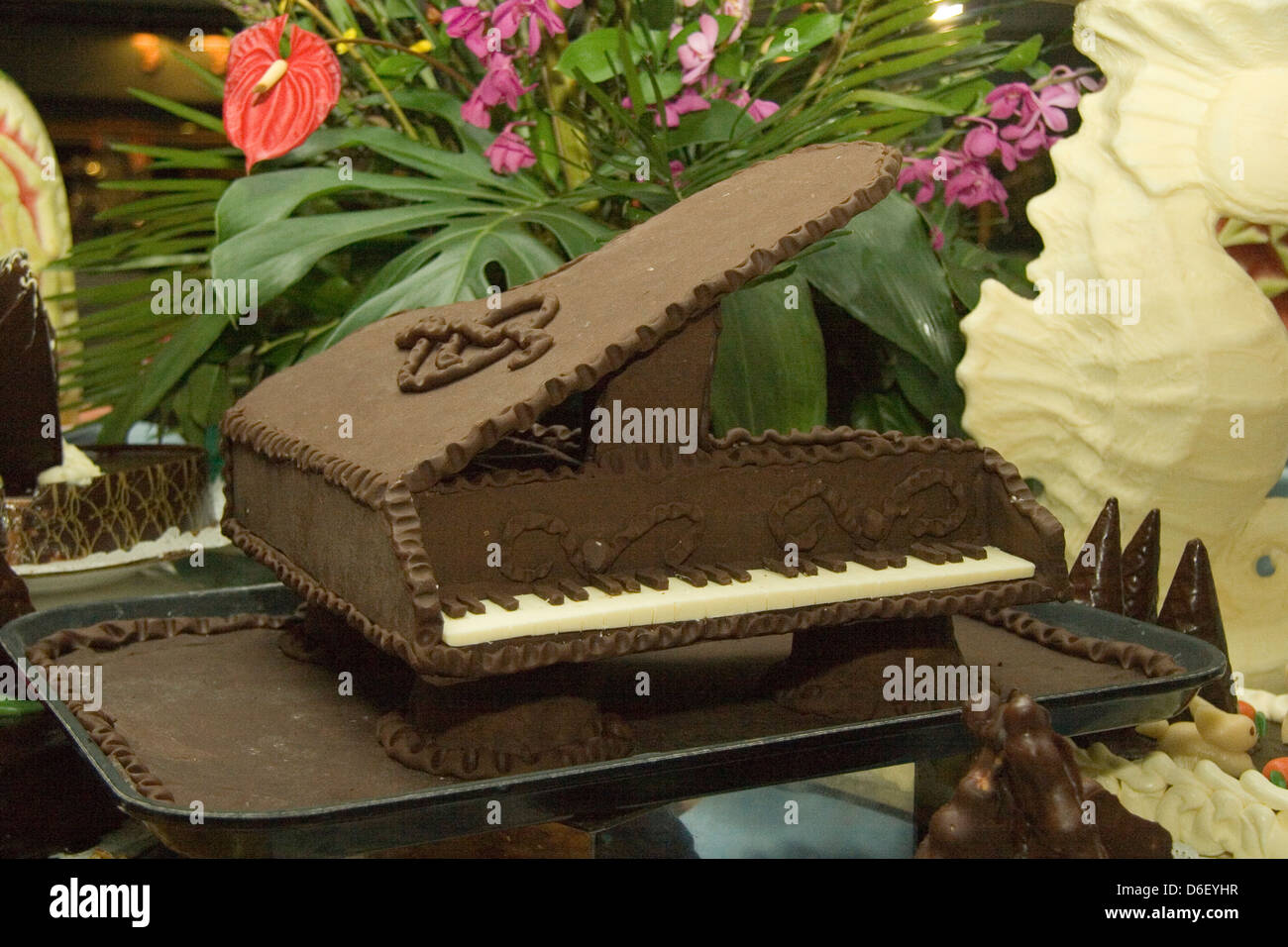 Decorative chocolate piano on the dessert buffet of a cruise ship Stock