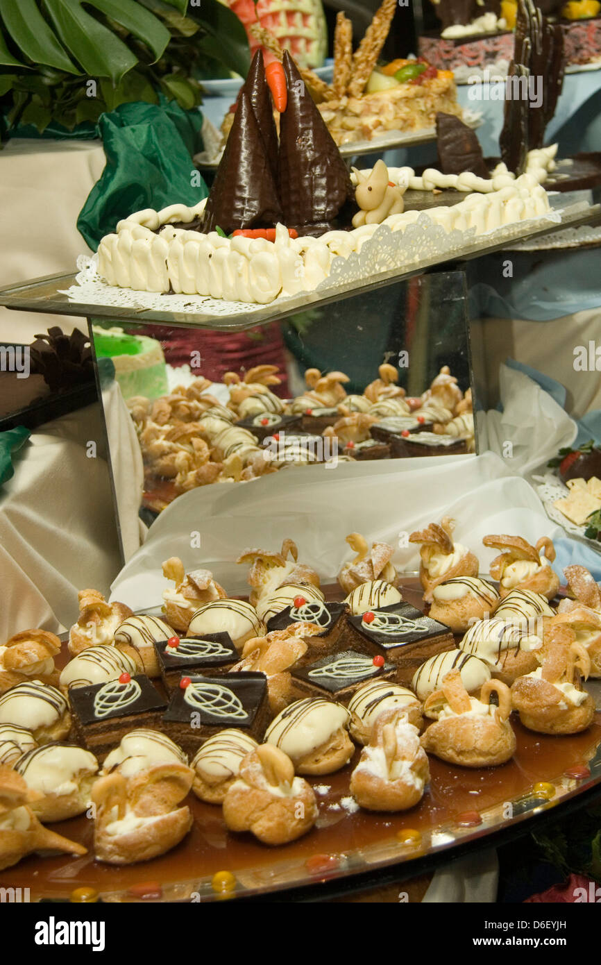 Closeup of midnight dessert buffet items on the Holland America cruise ship ms Massdam Stock