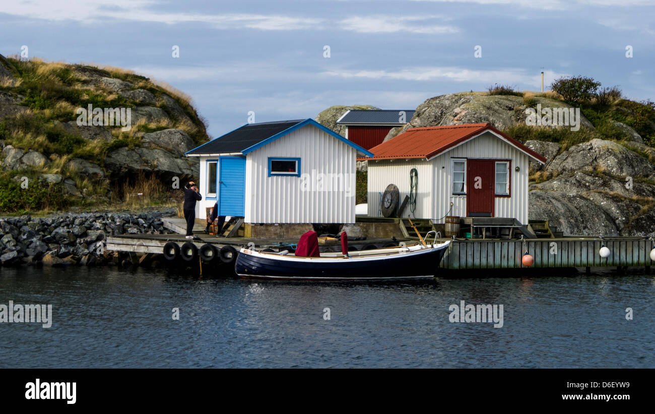 Fishing sheds on the small island of Fotö in Öckerö community in the Gothenburg archipelago on the west coast of Sweden Stock Photo
