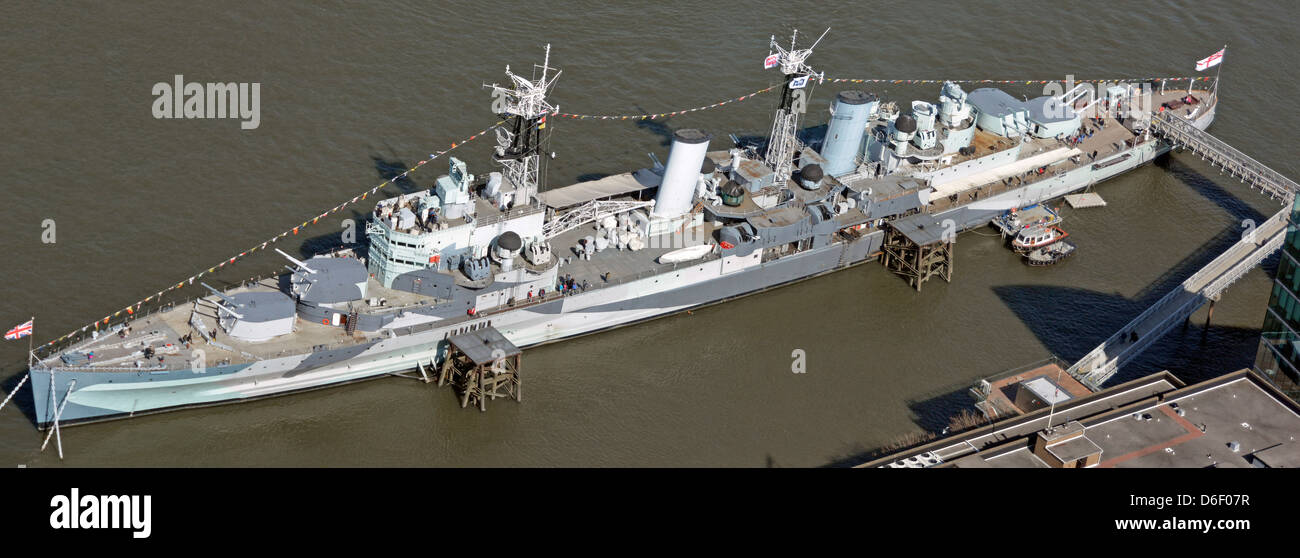 Aerial view from the Shard of warship camouflage on ex Royal Navy HMS Belfast light cruiser part of Imperial War Museum on River Thames London UK Stock Photo