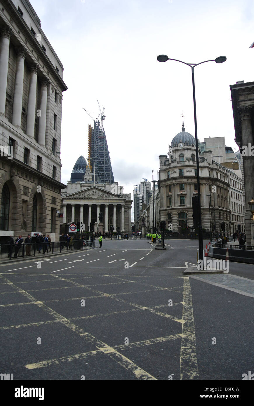 Empty roads, no traffic, cars, buses. Day of Margaret Thatchers funeral. London. Bank station. Stock Photo