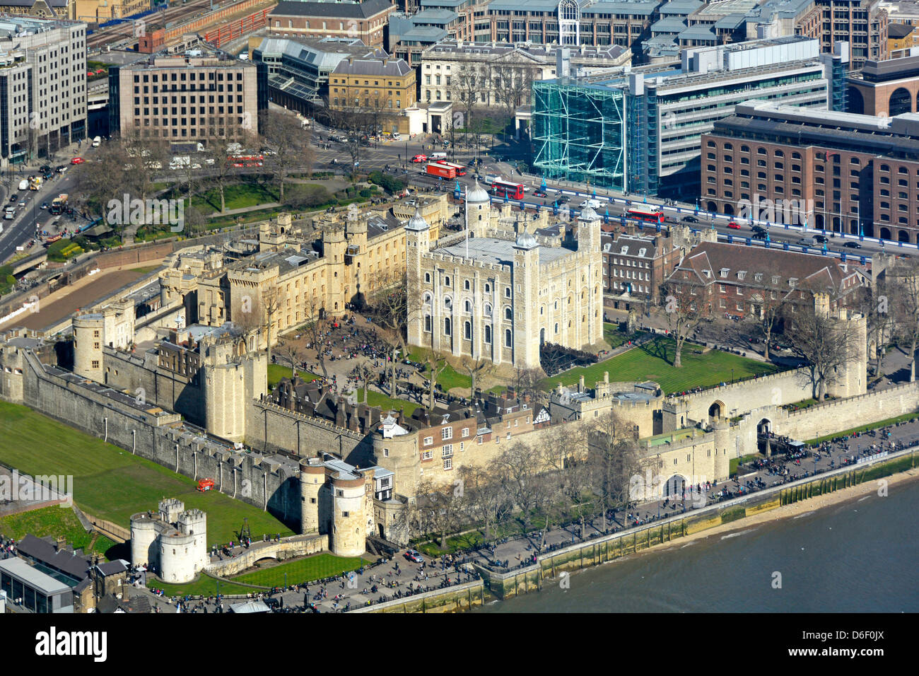 Aerial view from above looking down on Tower of London and The White Tower beside the River Thames view from the Shard skyscraper building England UK Stock Photo