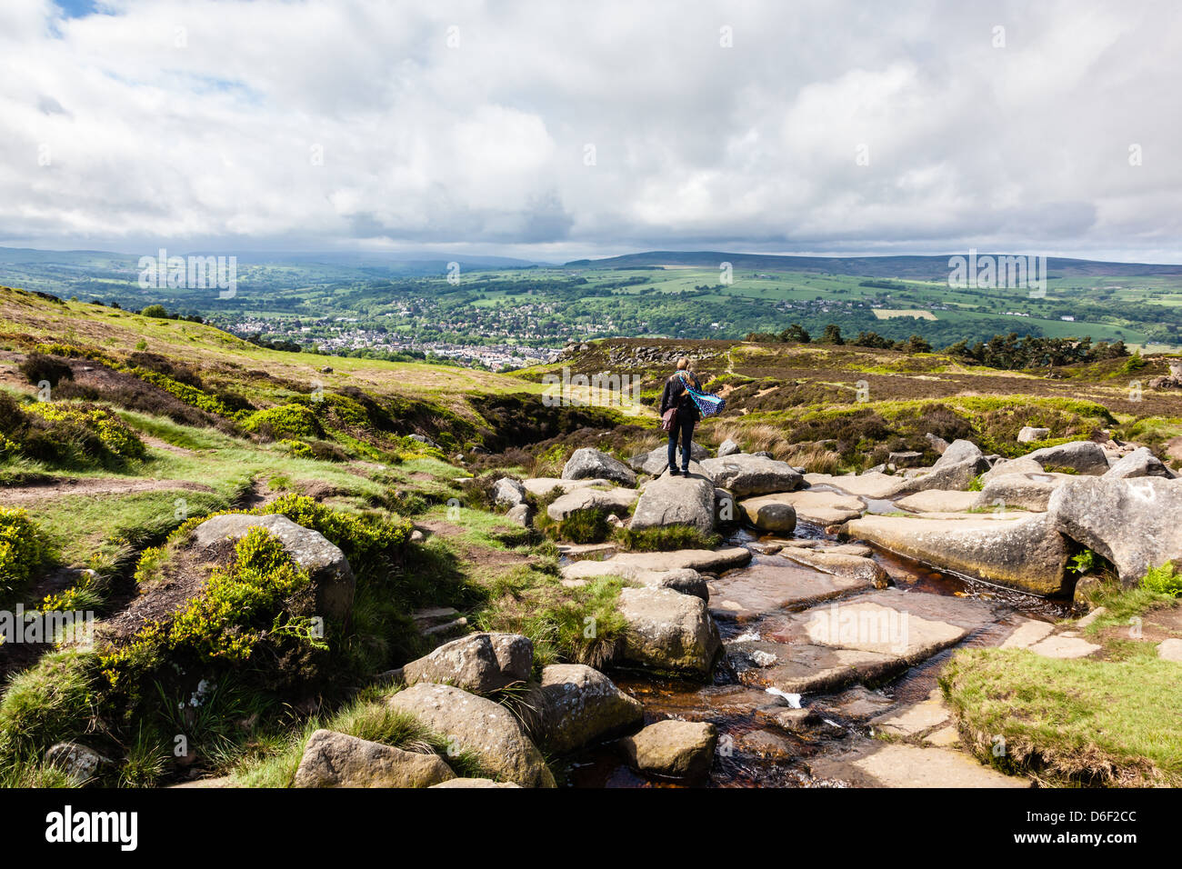 Backstone Beck with a woman viewing Ilkley, along the Dales Way on Ilkley Moor, Ilkley, West Yorkshire, UK Stock Photo