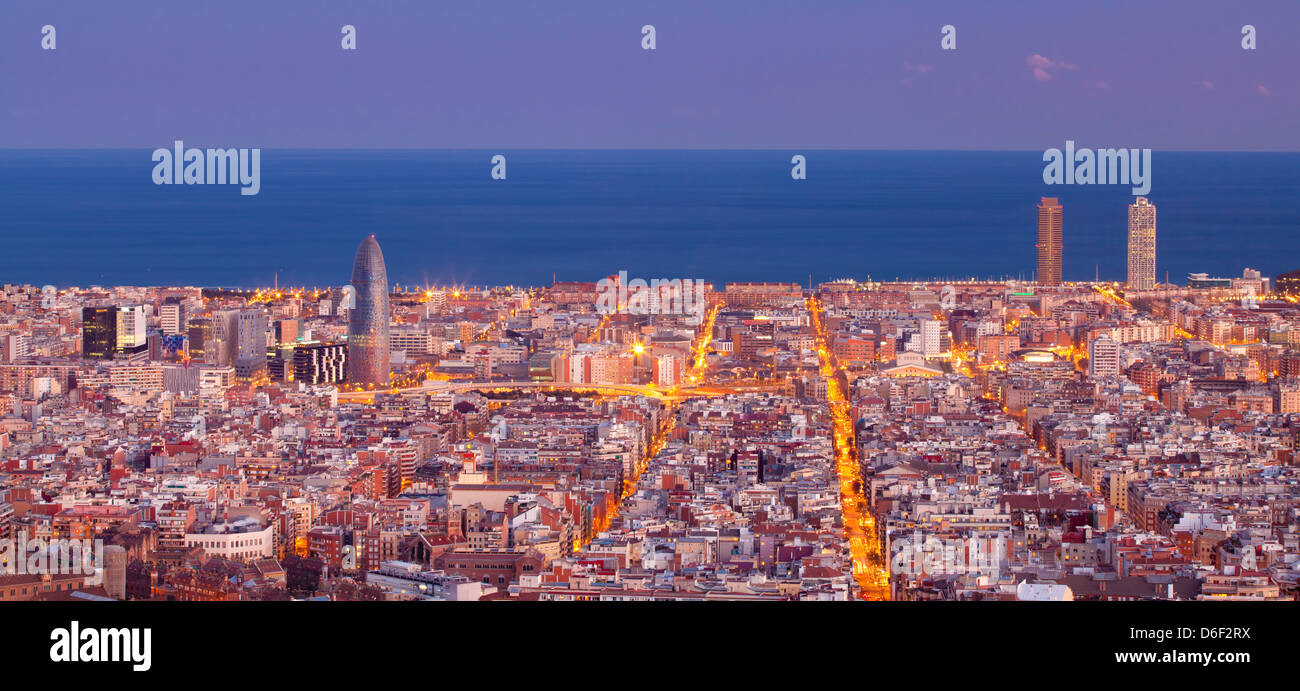 View of Barcelona city at dusk, Spain Stock Photo