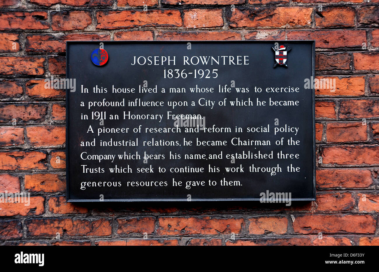 Joe Ropner Yorkshire Plaque for Joseph Rowntree who lived in York Yorkshire UK and became a ...