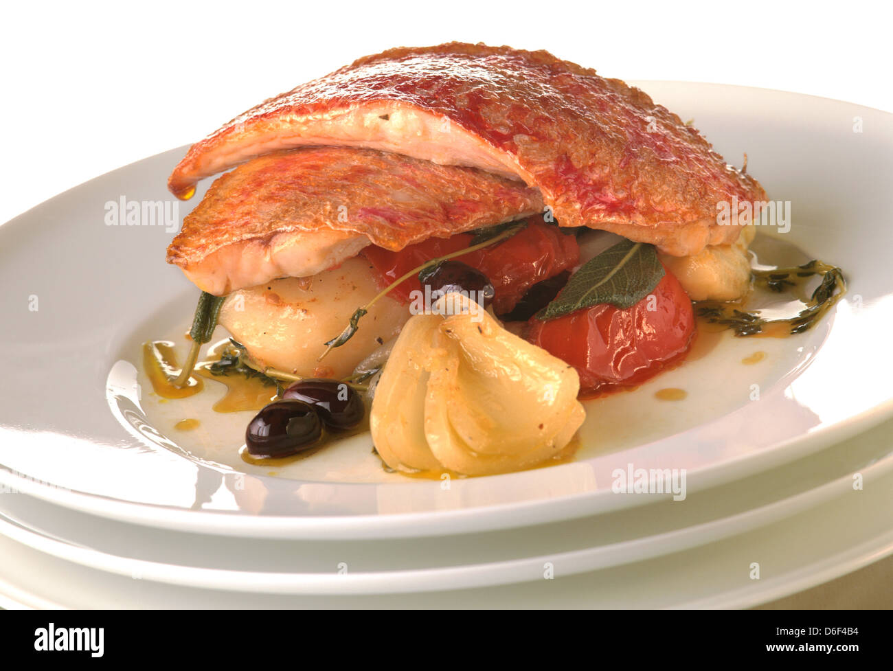 Red Mullet with Potatoes and Black Olives Stock Photo