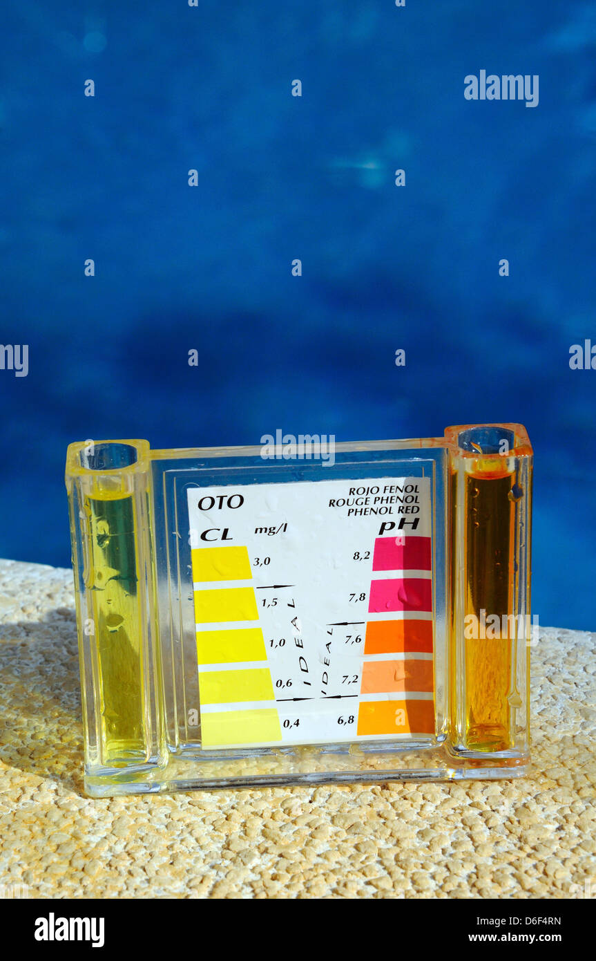 Checking the chemical balance of a swimming pool, Calahonda, Costa del Sol, Andalucia, Spain, Western Europe. Stock Photo