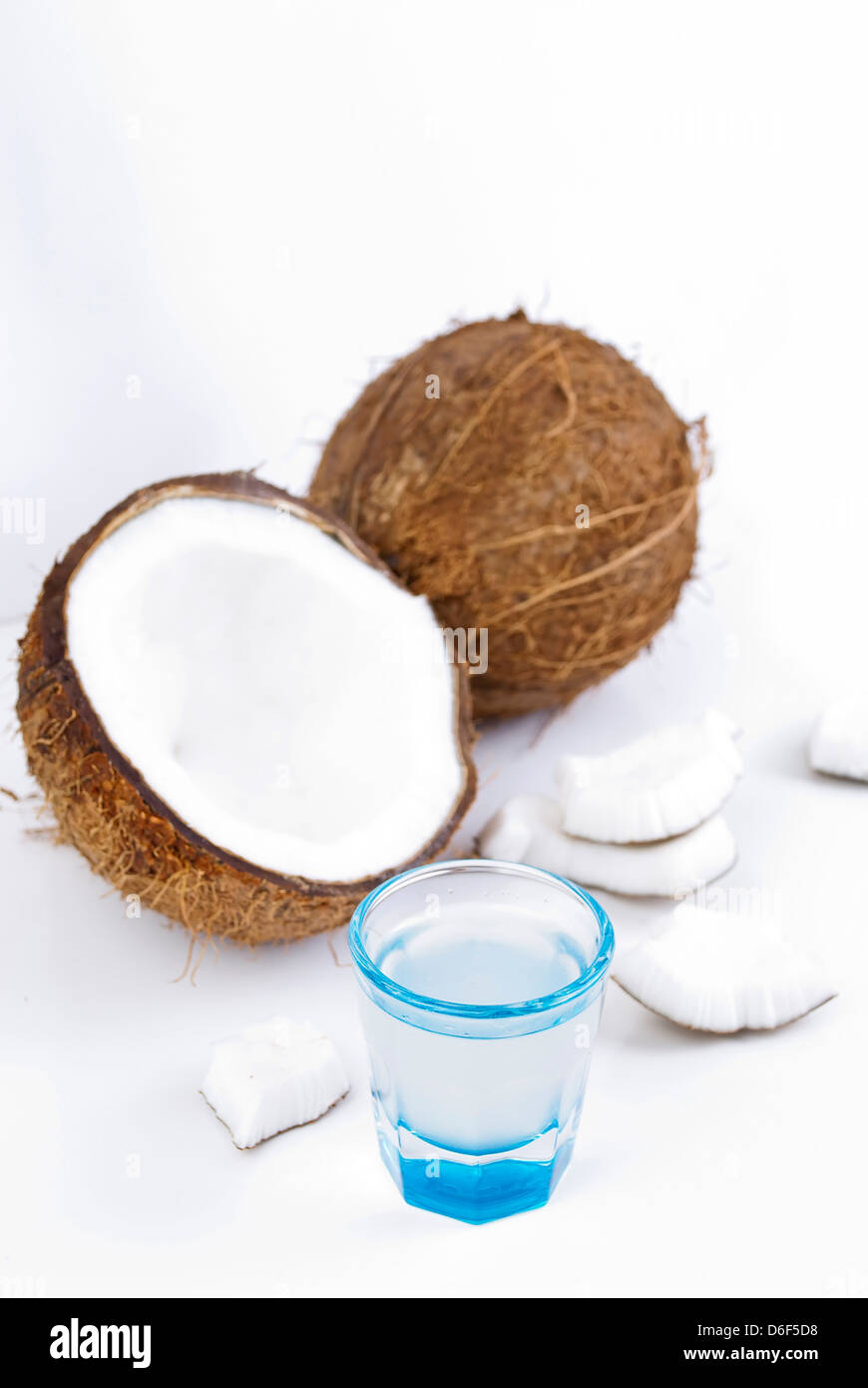 freshly cut coconut and milk isolated on white background Stock Photo
