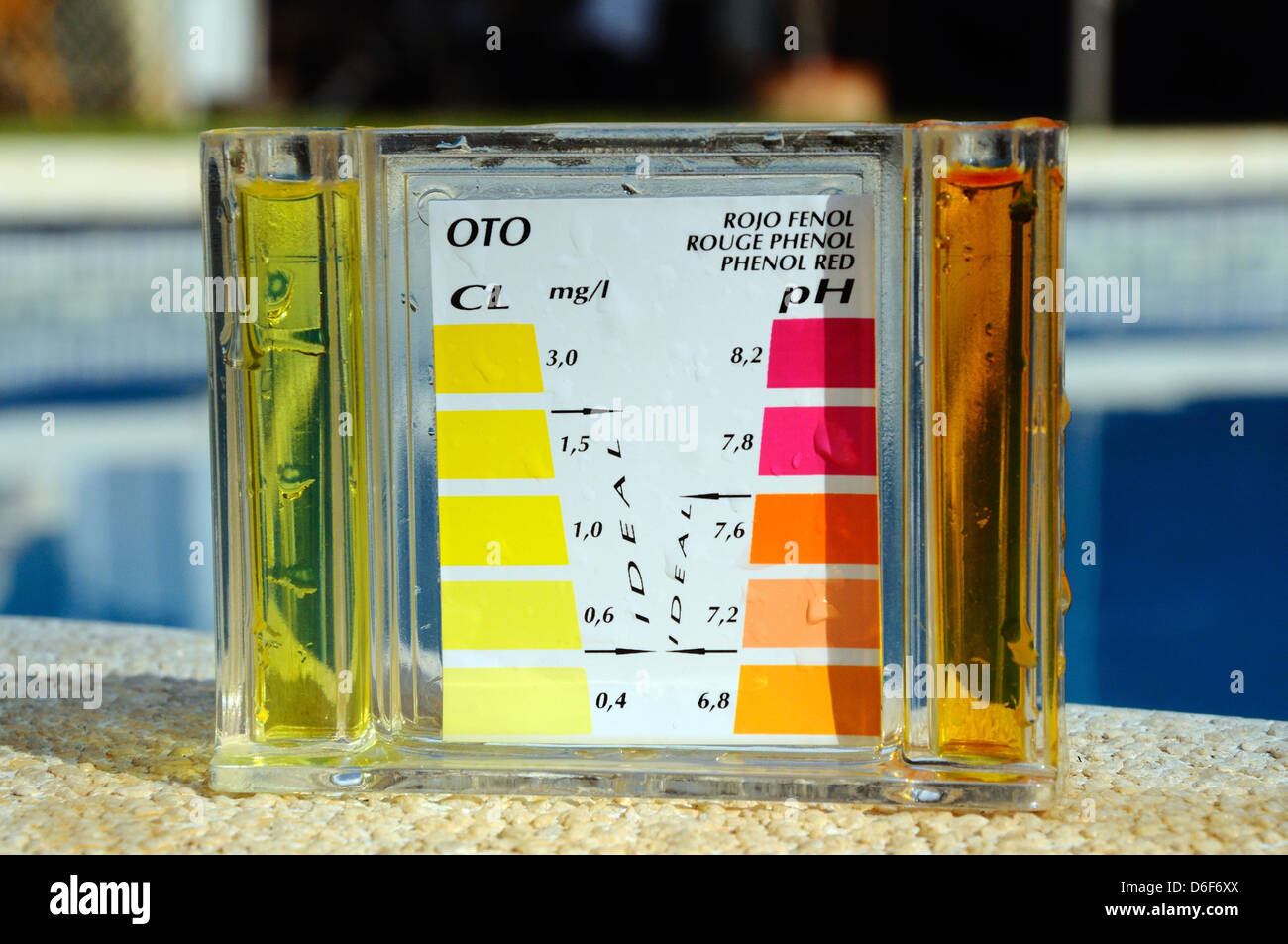 Checking the chemical balance of a swimming pool, Costa del Sol, Andalucia, Spain, Western Europe. Stock Photo
