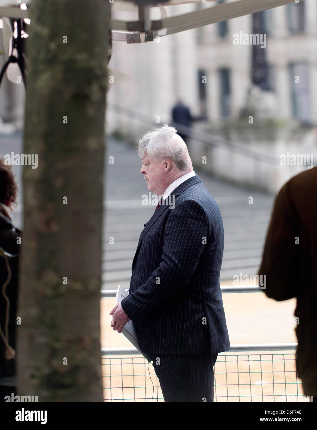 Falkland war hero and veteran Simon Weston being interviewed by the BBC outside St Paul's Cathedral after he attended Baroness Thatcher’s funeral on 17.04.2013. Stock Photo