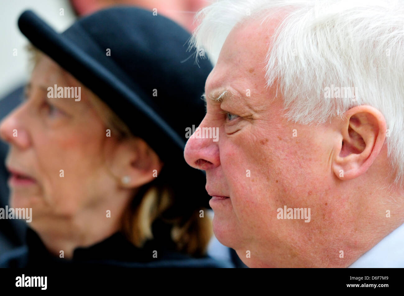 London, UK. 17th April, 2013. Lord Chris Patten  with wife, Lavender Patten, at Margaret Thatcher's funeral at St Paul's Cathedral. Stock Photo
