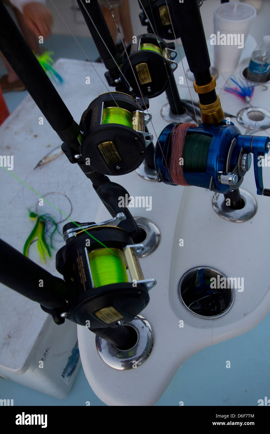 Rods and reels at the ready on the charter vessel Lo Que Sea, Ft. Pierce, FL Stock Photo