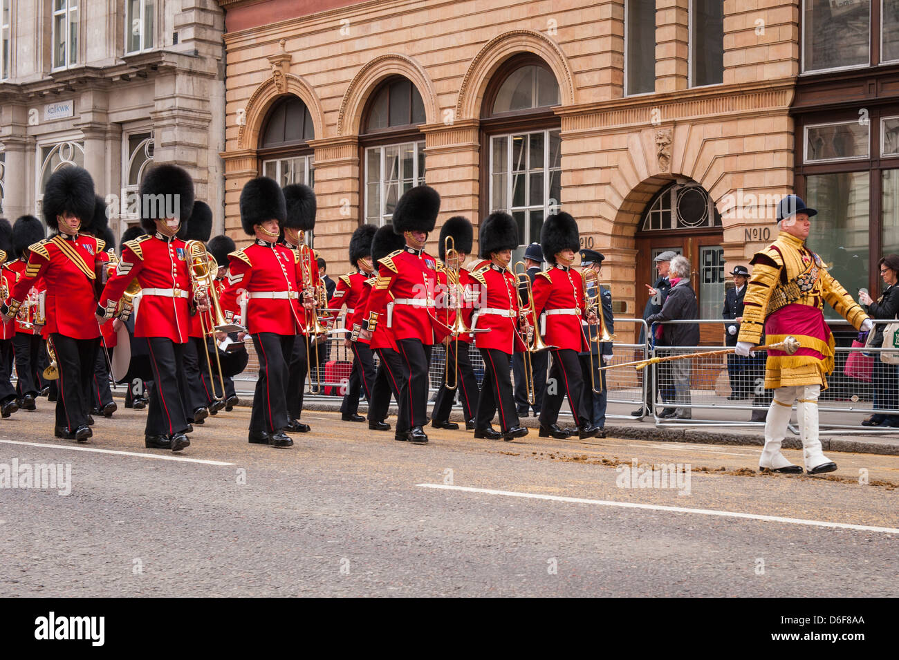 London Strand Baroness Margaret Maggie Thatcher funeral cortege parade Scots Guards Band marching march past & Drum Major Stock Photo