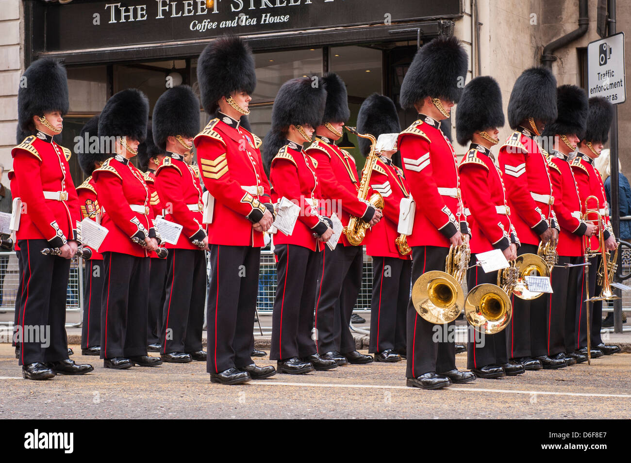 London Strand Baroness Margaret Maggie Thatcher funeral cortege parade Scots Guards Band brass band march past Stock Photo