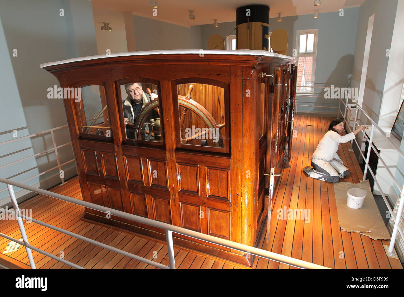 Flensburg, Germany, the helm of Foerdedampfers-hawk-is reuse in the Maritime Museum Stock Photo