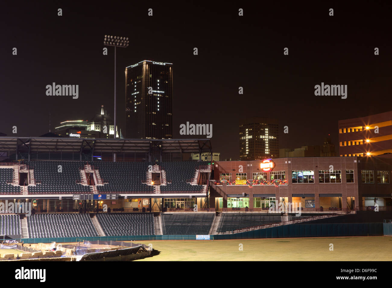 Chickasaw Bricktown Ballpark at night in Oklahoma City, Oklahoma, USA